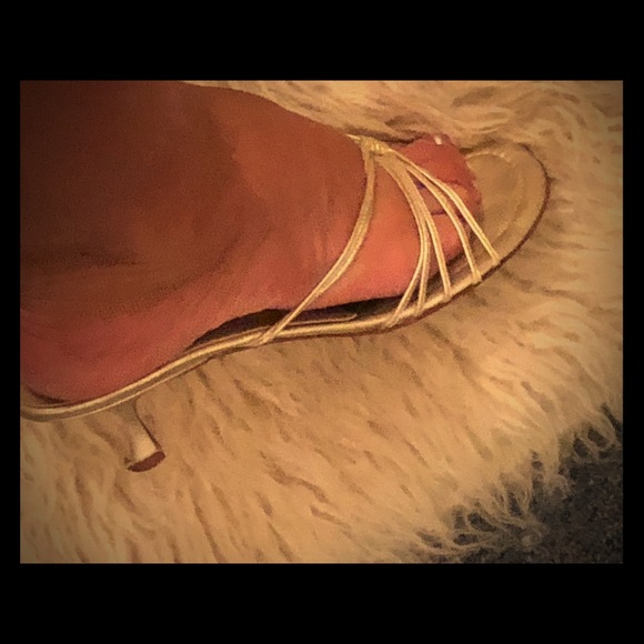 Manolo Blahnik Shoes - Manolo Bliahnik soft gold kitten heel sandals.